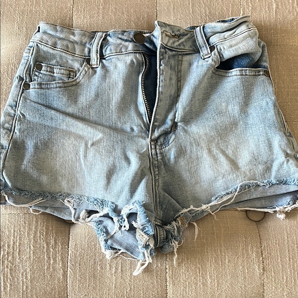 Blue Jean Shorts with Frayed Hem and Relaxed Fit